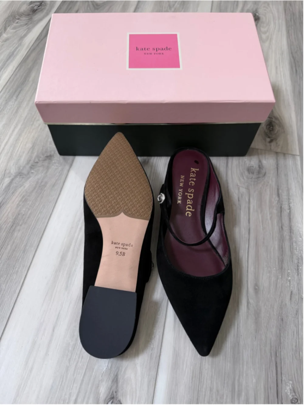 Kate Spade Meg Mules Black Suede Pointed Toe Crystal Size 9.5 New Box